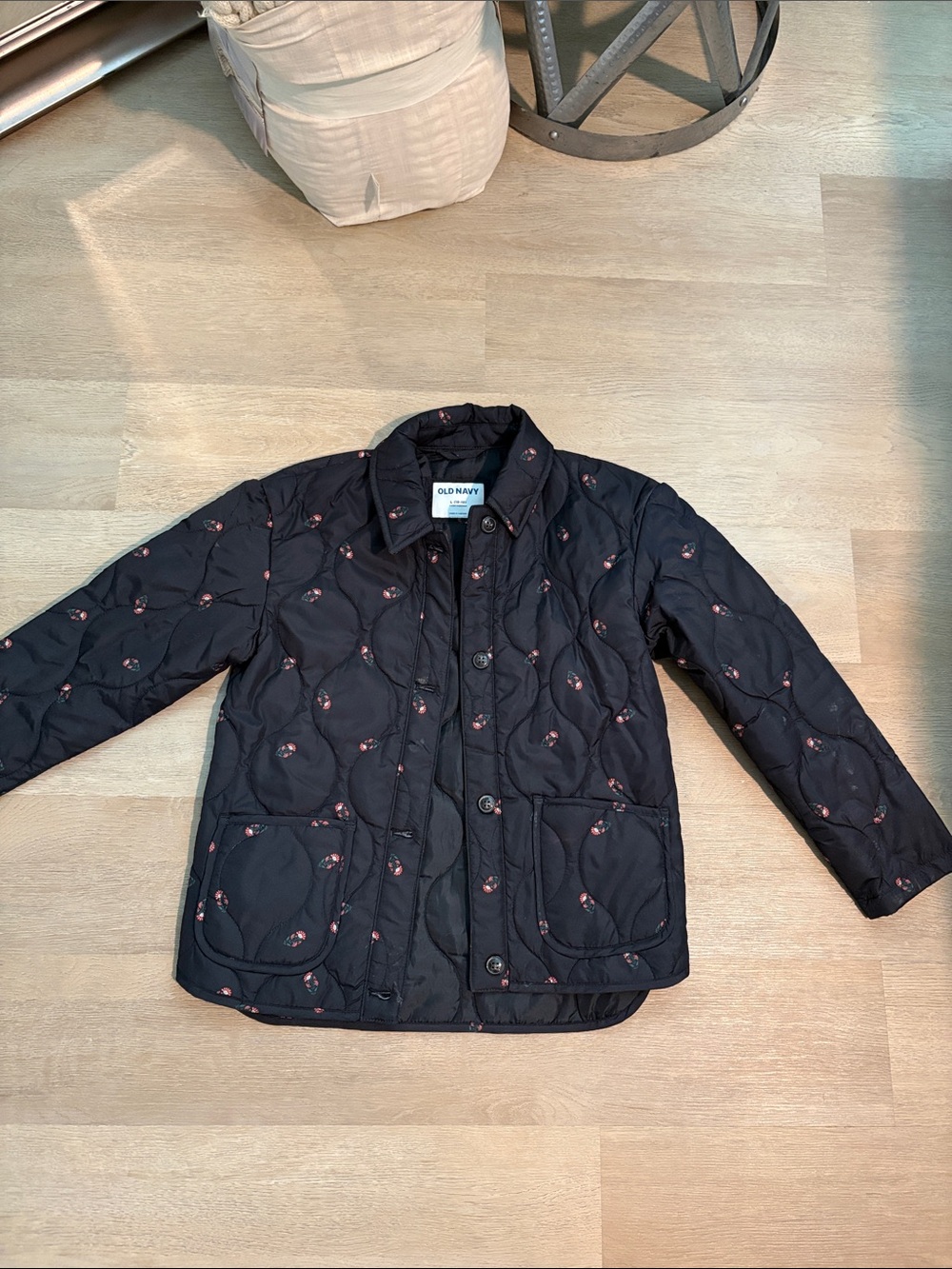 Old Navy Black Quilted Puffer Jacket with Pink Floral Dots